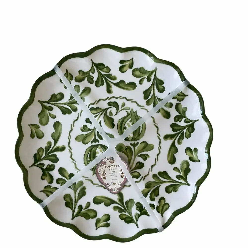 Shabby Chic Green Floral Melamine Salad Plates 8in Set of 4 Indoor Outdoor NEW